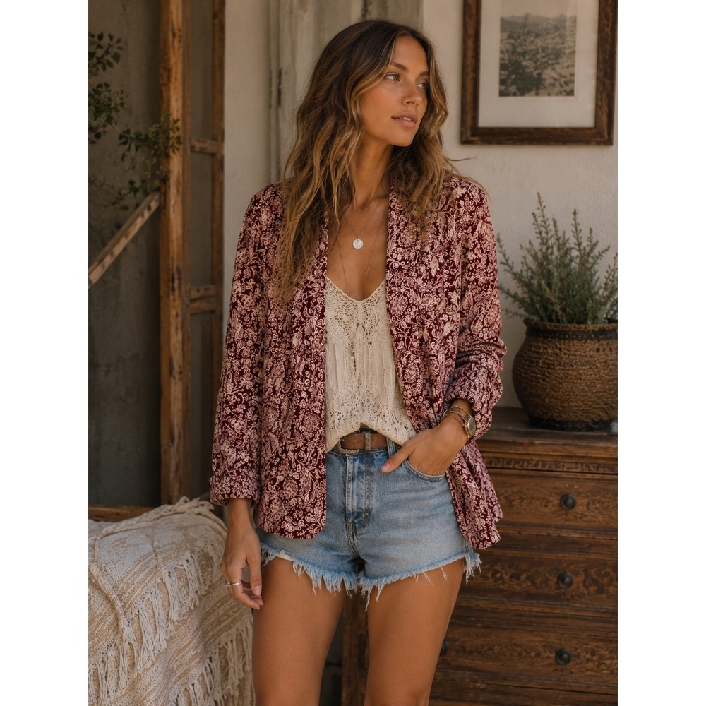Autres Filles Womens Quilted Blazer Jacket Burgundy Floral Open Front M